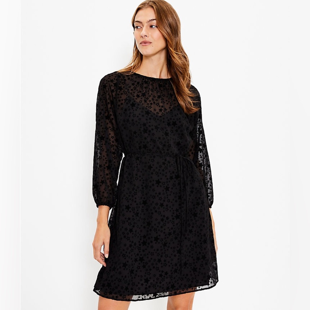 LOFT Women’s Black Star Print Tie Waist Bishop Sleeve Dress - Picture 3 of 10